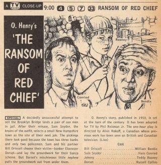 1959 Tv Ad The Ransom Of Red Chief Teddy Rooney William Bendix Hans Conried