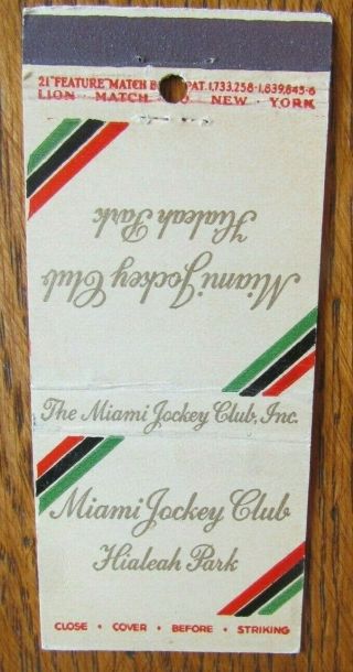 Horse Racing Sports Matchbook Cover: 1941 Miami Jockey Club (hialeah Park) - E13