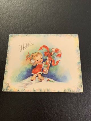 Vintage Greeting Card Christmas Cute Girl Candy Cane Snow