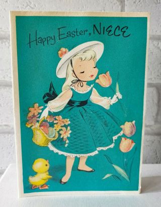 Vintage 1950s 1960s Happy Easter Niece Girl Chick Greeting Card Eb1022
