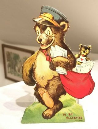 Mechanical Bear Postman,  Baby Bear In Pouch.  Animated German 1920s Card.