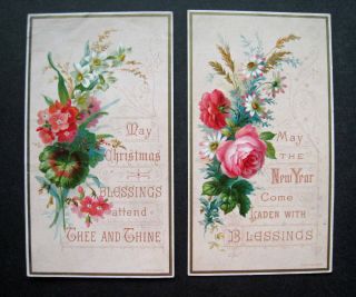2 X Victorian Christmas Cards - Religious Scripture Motto With Bright Flowers