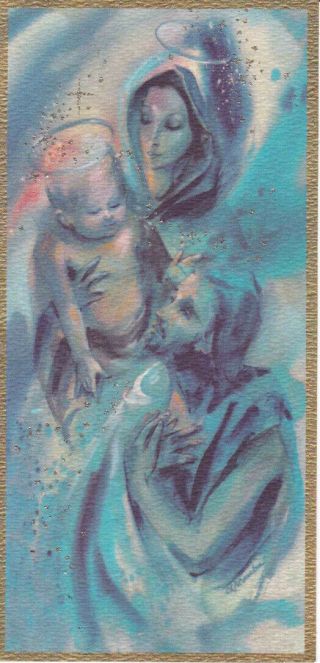 Vintage Mid Century Jesus Mary Joseph Glitter Artist Signed Christmas Card Front