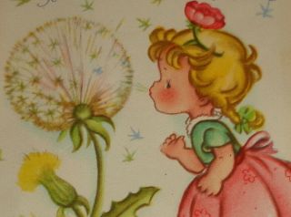 Vintage Greeting Card,  Adorable Girl Blowing Big Dandelion Puff,  5 1/4 "