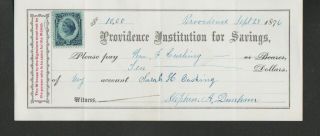 Vintage U.  S.  Check - Providence Institution For Savings - R.  I.  - 1876