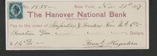 Vintage U.  S.  Check - The Hanover National Bank - N.  Y.  - 1877