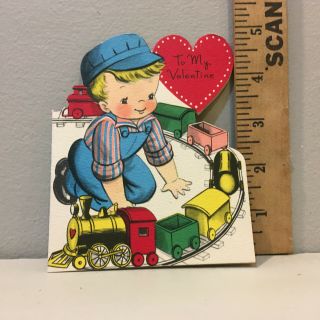 Vtg Valentine Card Little Boy Engineer Uniform Toy Train " Choo - Choose " Volland