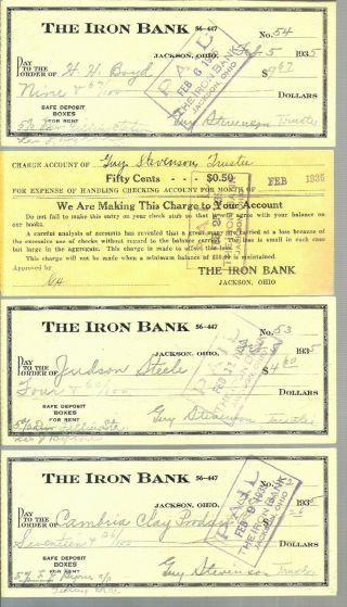 1935 Jackson Ohio 3 Bank Checks The Iron Bank 3 Canceled 1charge To Account Rare
