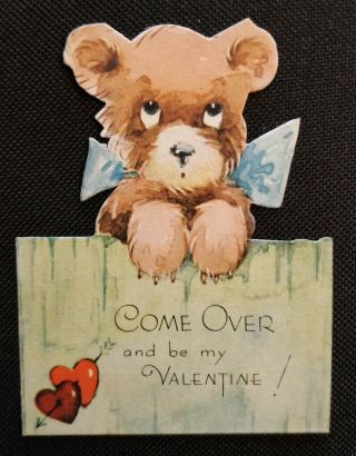 Vintage Valentine Sad Teddy Bear Bow Fence Adorable Come Over