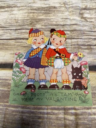 Vintage Greeting Card Valentine Scottish Girl/boy Scottie Dog Tartan Stand Up