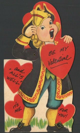 Large Vintage Movable Valentine Card Colonial Pilgrim Boy & Bell And All 