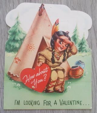 Vintage Valentine Card Indian Girl Native American Teepee Fold Out