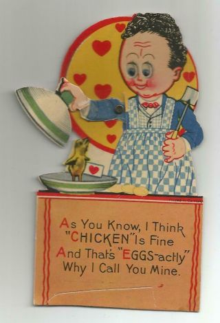 Man In Apron W/ Chick On Plate; Vintage Mechanical Valentine; Unusual; Germany