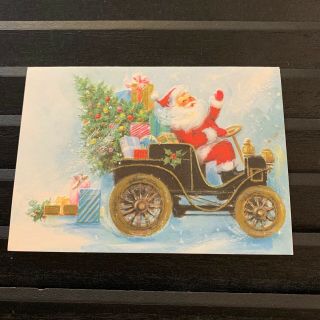 Vintage Greeting Card Christmas Santa Claus Old Fashioned Car Tree