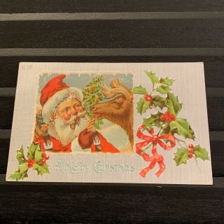 Vintage Post Card Postcard Christmas Santa Claus Reindeer Holly Silver
