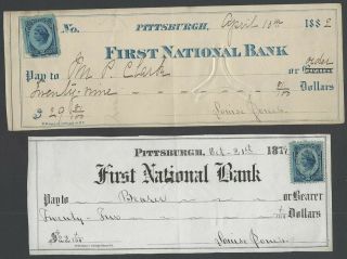Usa First National Bank,  Pittsburgh 1874 - 82 Checks (3)