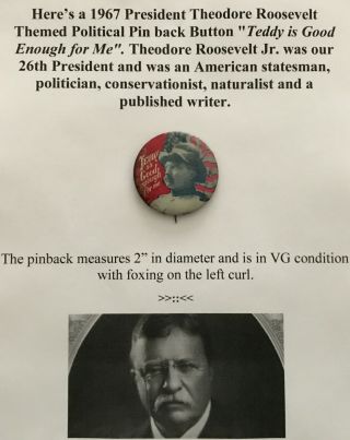 1967 President Roosevelt " Teddy Is Good Enough For Me " Political Pinback Button