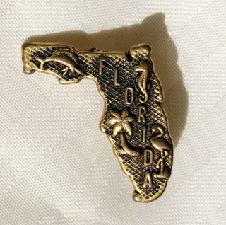 Vintage Antique Brass 3 - D Embossed Florida State Shape Lapel Pin Pre - Disney 1”