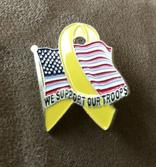 Vintage “we Support Our Troops” Yellow Ribbon American Flag Enamel Lapel Pin