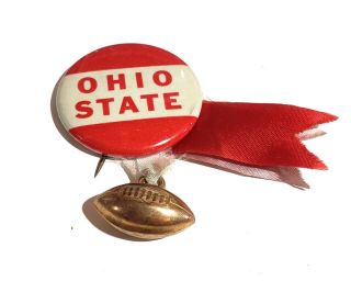 Ohio State University Vintage Button Pin With Gold Football & Ribbon