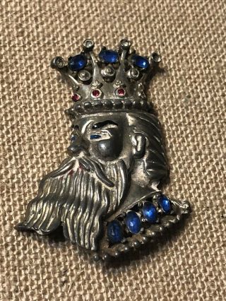 Estate King Head Face Lapel Pin Silver Tone Jeweled Enamel Collectible Novelty