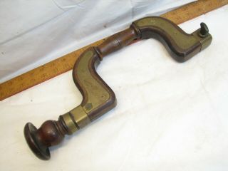 Antique Wooden Brass Plated Pod Brace Woodworking Tool Drill Craftsman Made