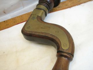 Antique Wooden Brass Plated Pod Brace Woodworking Tool Drill Craftsman Made 3