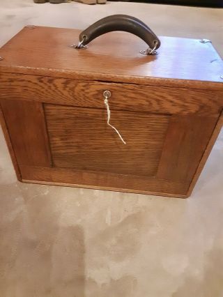 Small 6 Drawer Oak Machinist Chest With Leather Handle And Key