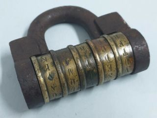 19th Century Big Padlock 5 Wheel Letter Combination Brass And Iron - Very Rare