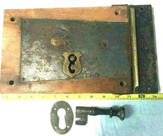 Antique Large Door Lock With Key,  Keeper,  Brass Keyhole Wood,  Metal Brass