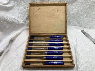 Vintage Set Of 7 Marples Blue Chip Bevel Edge Chisel Set With Case -