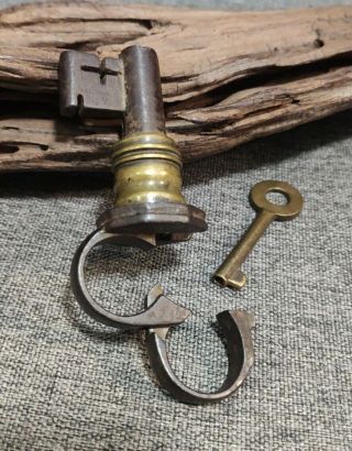 Rare Antique Iron & Brass Key Shaped Trick Padlock Well Made Lock French Russian