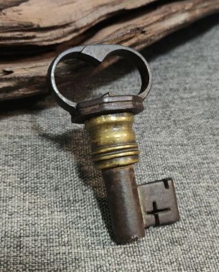 Rare Antique Iron & Brass KEY SHAPED TRICK PADLOCK Well Made Lock French Russian 2