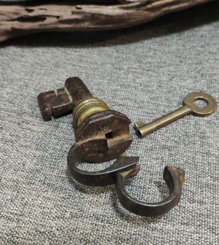 Rare Antique Iron & Brass KEY SHAPED TRICK PADLOCK Well Made Lock French Russian 3