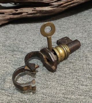 Rare Antique Iron & Brass KEY SHAPED TRICK PADLOCK Well Made Lock French Russian 5