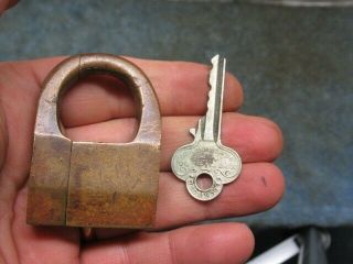 Rare Old Brass Push Key Padlock Lock Lockwood With A Key.  Very Unusual Mechanism