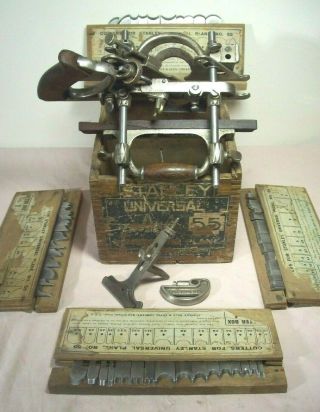 1901 Stanley Universal Plane No.  55 W/4 Boxes Of Cutters & Orig.  Box Needs Parts