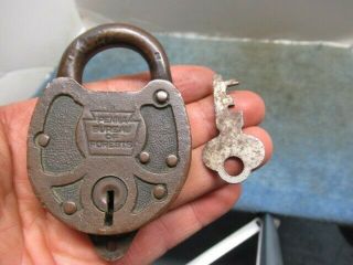 Very Rare Vintage Old Brass Padlock Lock Penna Bureau Of Forrests W/key N/r