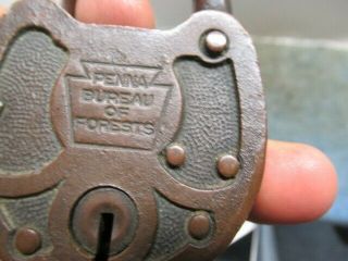 Very rare vintage old brass padlock lock PENNA BUREAU OF FORRESTS w/key n/r 2