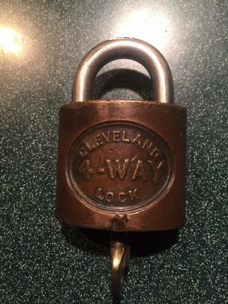 Rare Cleveland 4 Way Lock Brass Pat Pending Key Marked Oorm
