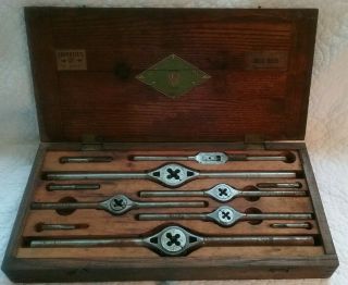 Rare Antique J M Carpenter Tap & Die Set Wood Box Complete
