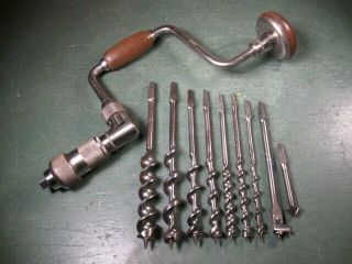 Old Vintage Woodworking Tools Premium Bit Brace Drill W/ Augers