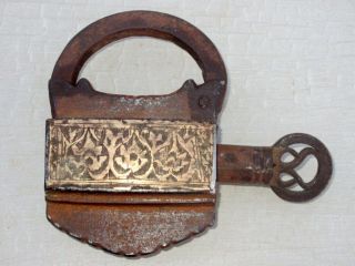 Antique Old Rare Iron Hand Carved Brass Decorated Heavy Screw System Key Padlock