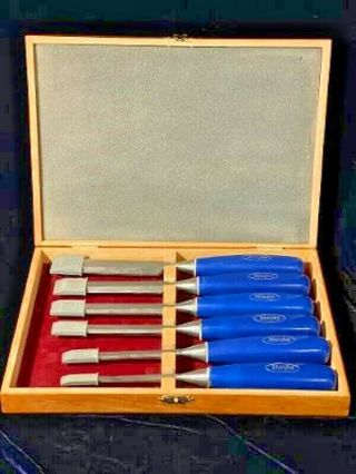 Set Of 6 Marples Blue Chip Chisels - Wood Case Box - Sheffield England