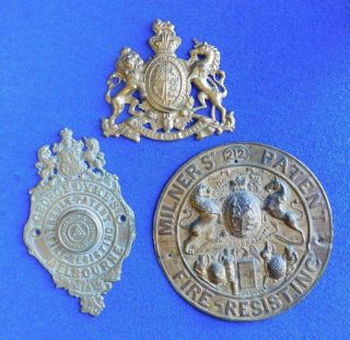 3 Antique Victorian Brass Safe Makers Plates Geo Dykes Fire Resistant Milners
