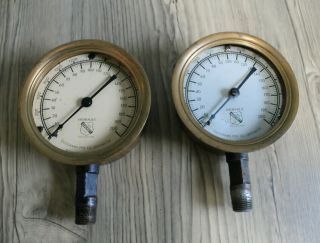 Vintage Brass Ashcroft Hydraulic Pressure Gauges (2)
