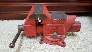 Vintage Olympia Vise 4” Bench Mount Swivel Base Anvil Back 4 " Jaws Red