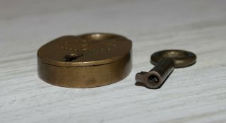 Rare antique small brass J Whittingham 0 Brooklyn E.  D.  spring Padlock lock & key 2