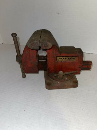 Vintage Wilton Red Swivel Vise,  4 " Jaw,  3 3/4 " Opening,  Made In The Usa
