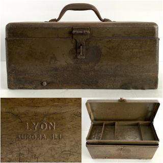 Vtg Lyon Metal 15 " Tool Box Chest Tray Steel Antique Patina Rustic Aurora Usa